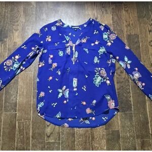 Express Women's Long Sleeve Blouse, Size Small Petite Royal Blue, Floral Print